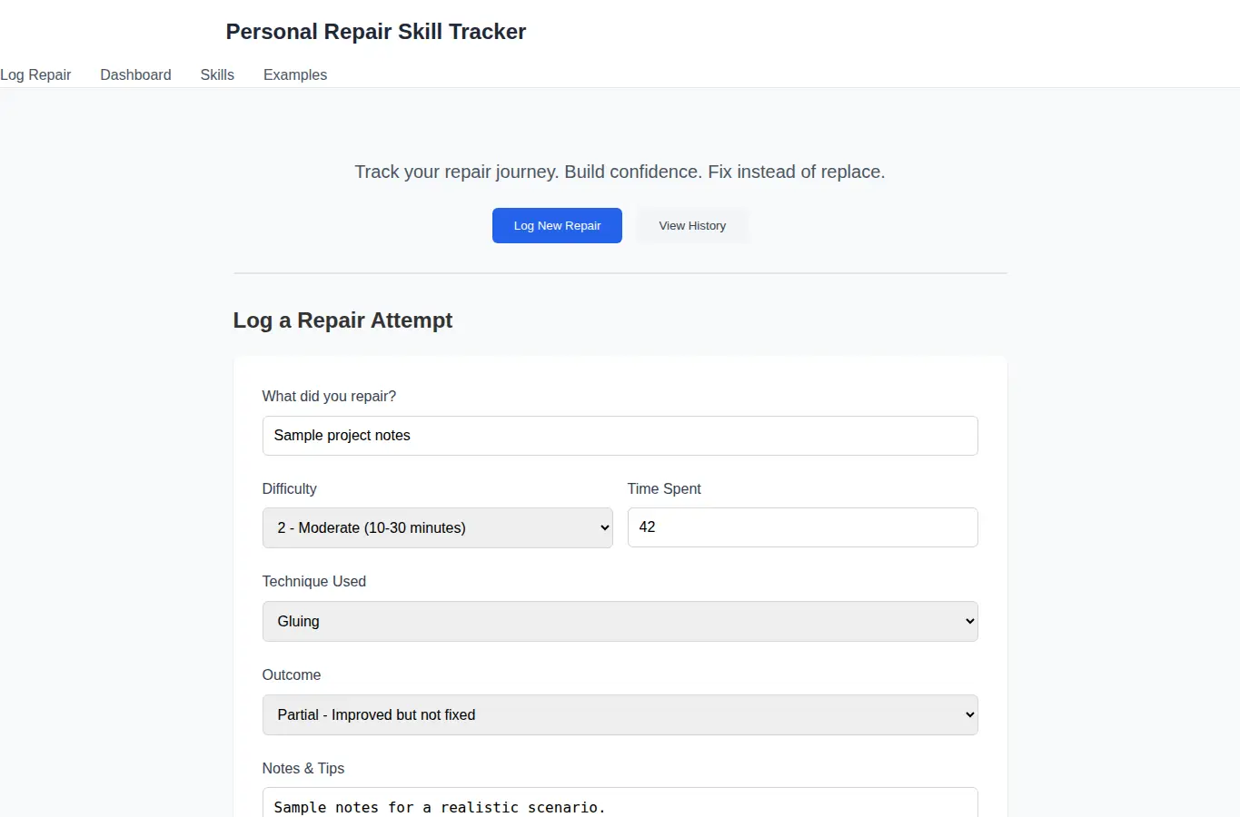 Screenshot of Personal Repair Skill Tracker interface showing the project page in use